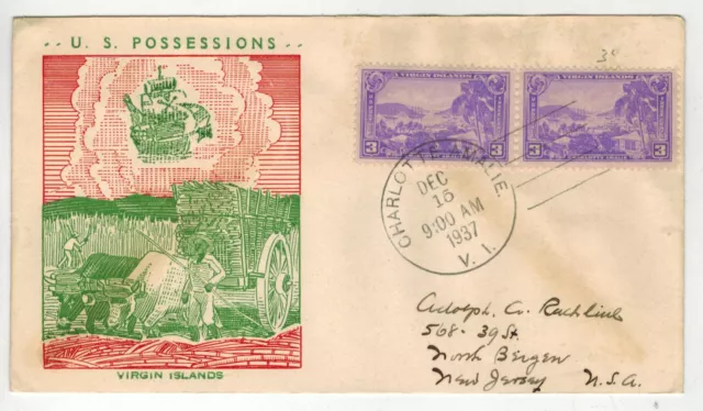 1937 Virgin Islands Charlotte Amalie Fdc 802 Bronesky Pair Hand Cancel