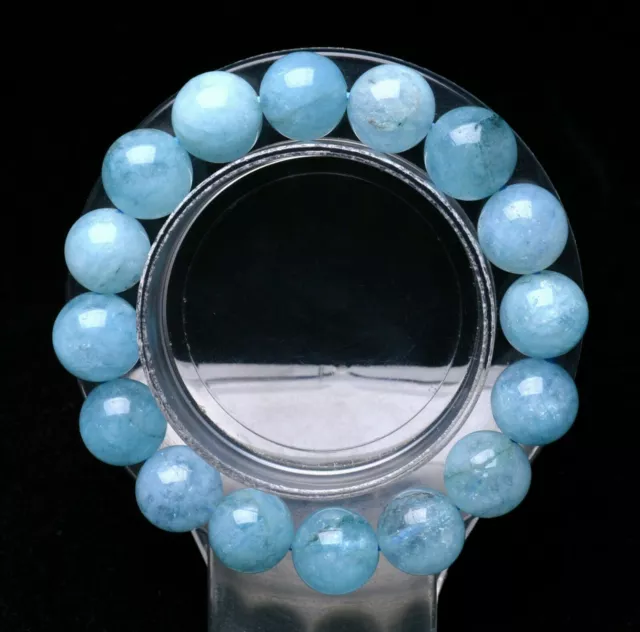 100% Natural 12mm Blue Aquamarine Round Gemstone Beads Bracelet 7.5" AAA++