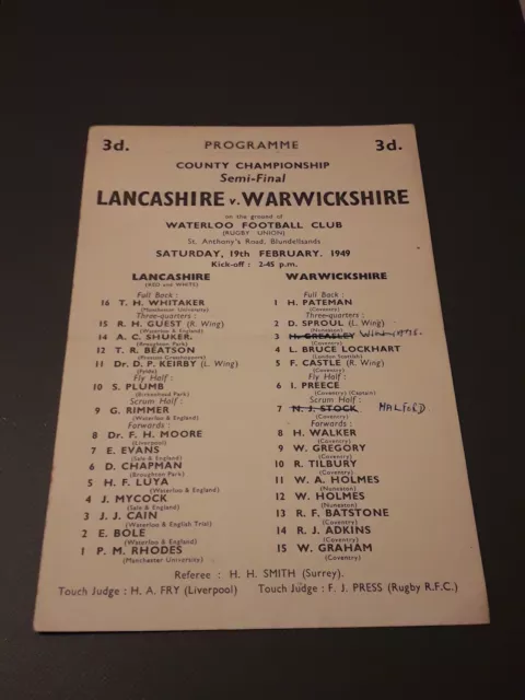 1949 Lancashire V Warwickshire County Championship Semi Final Rugby Programme