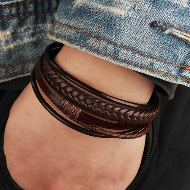 Trendy Leather Bracelets Men Stainless Steel Multilayer Braided Rope Bracel~m'