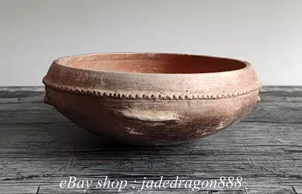 10.8" Ancient Neolithic Majiayao Culture Red Pottery 4 Ear Round Bowl Bowls