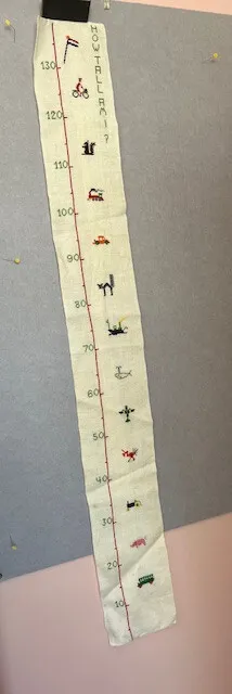 Vintage How Tall am I? Height Chart Linen Cross Stitch Finished Piece 140 cm