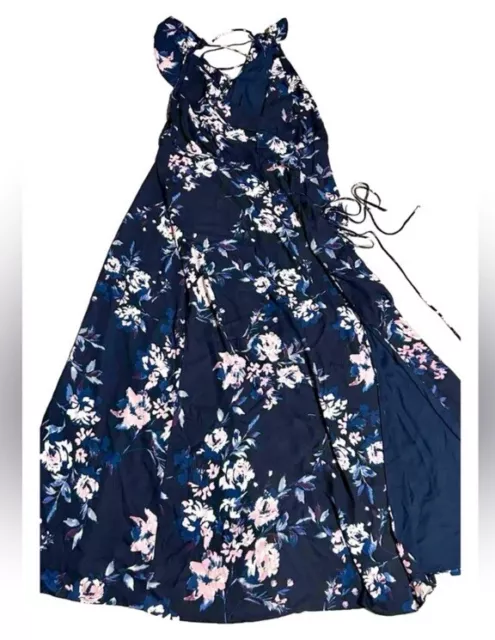 NWT WAYF Blue Floral Ruffle Wrap Lace Up Back Maxi Dress Size XL