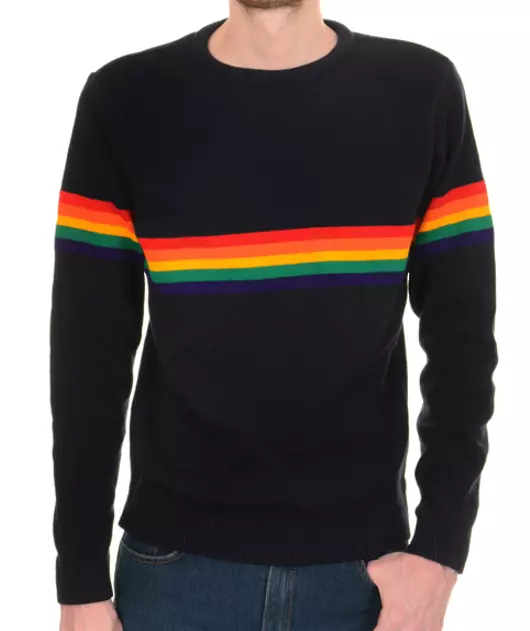 MENS NEW run & fly retro indie vintage mod style navy jumper with rainbow stripe