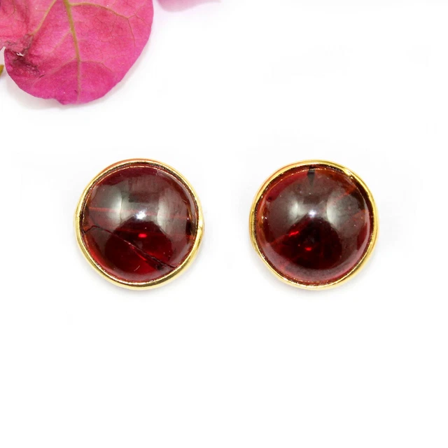 Classic Fashion Round Shape Red Garnet Gold Plated Stud Earrings Gift For Womens