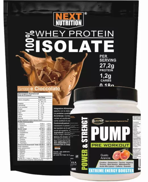 Proteine WHEY Isolate kg1 + Pre Workout Pump  Pre Allenamento g 500 Kit Massa