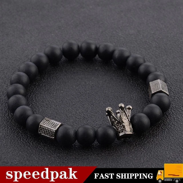 Moda Uomo Bracciale Nero Corona Onice 8mm Perline di Pietra U E9Q4 Accessori I4K4