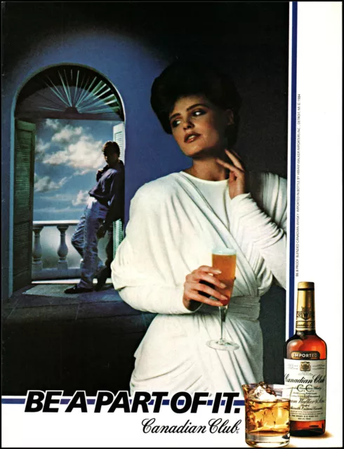 1984 SEDUCTIVE WOMAN Canadian Club Whisky man blue sky retro photo ...