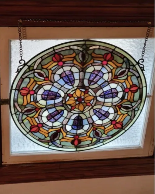 Stained Glass Tiffany Style Window Panel Handcrafted Round Victorian Design 20"