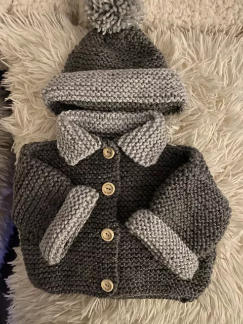 Hand Knitted Grey Baby Cardigan Size 0-3 Months.