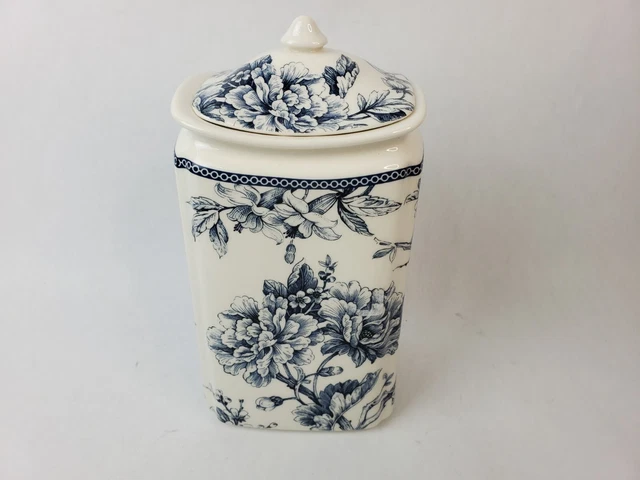 222 Fifth Adelaide Blue & White Tall Canister & Lid Fine Porcelain Flower/Bird