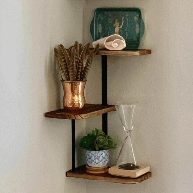 Iron Frame Corner Wall Mounting Shelf 3 Tier Wooden Floating Shelves Plants Rack