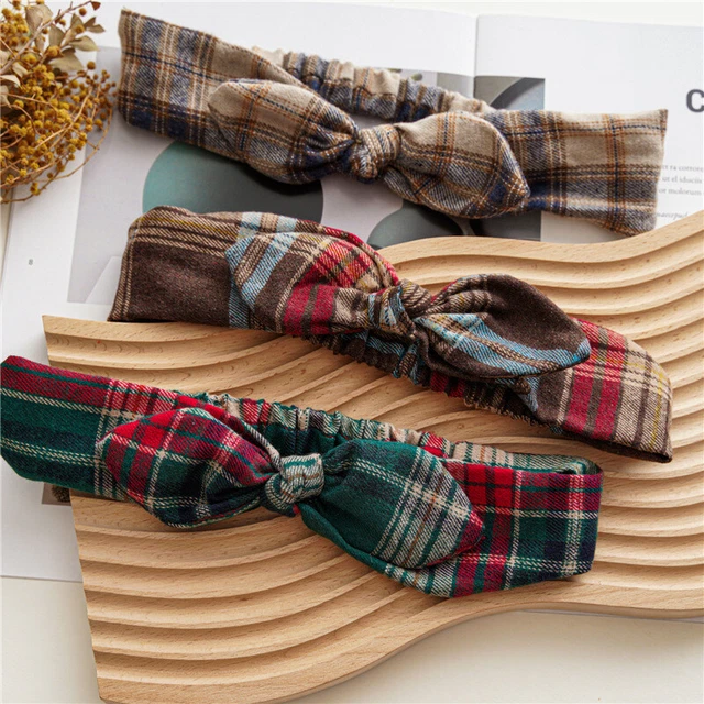 Karierter Druck Turban Kopfband Weich Elastisch Hase Ohr Haarband S ❉