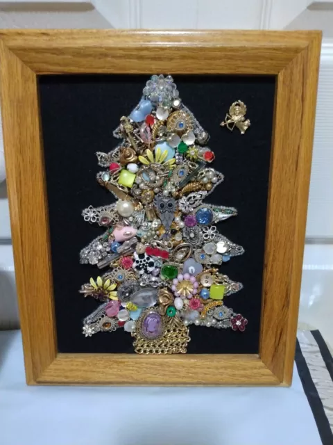 Vintage Jewelry Christmas Tree Picture Art 13" x 10" Folk Art Framed