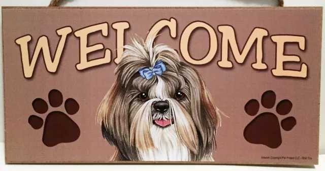 Welcome ShihTzu With Bow Dog Breed Wood Sign Plaque New