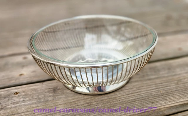MCM Vintage GORHAM SILVER Electro Plate WIRE BASKET Original Glass Bowl YC742