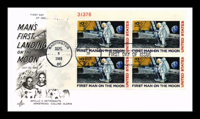 Dr Jim Stamps Us First Man On Moon 10C Air Mail Fdc Scott C76 Plate Block Cover