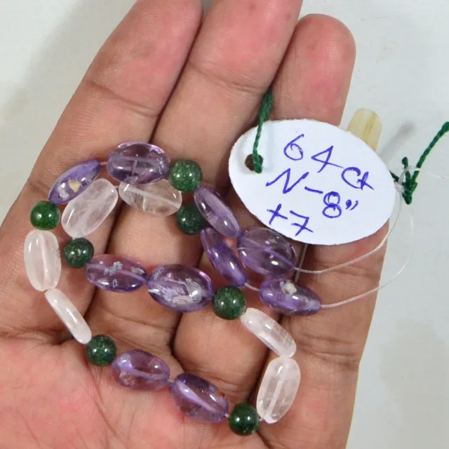 Natural Purple Amethyst rose quartz mani & green ball Gemstone beads 8 inch Line