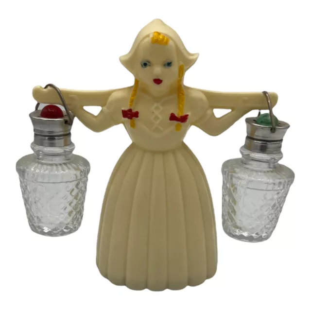 Vintage Plastic Dutch Girl Holding Glass Salt and Pepper Shakers Set Holland 4"