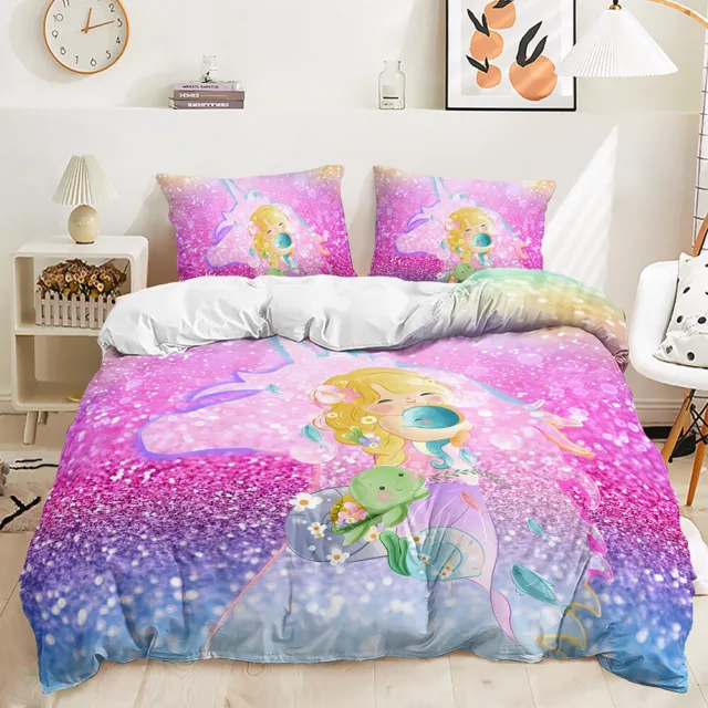 Rainbow Unicorn Princess Mermaid Magic Floral Doona Duvet Quilt Cover Bed Set 2