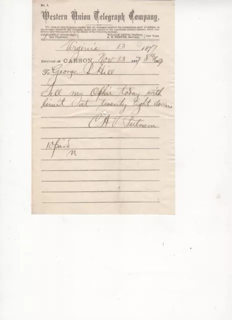 Virginia City-Receipt, Western Union Telegraph Company 1877