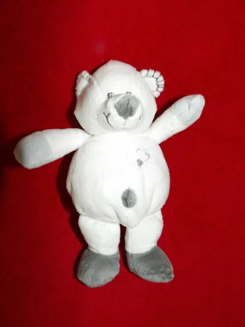 Doudou Peluche TIAMO Ours Blanc Gris Brodé Coeur 19 cm