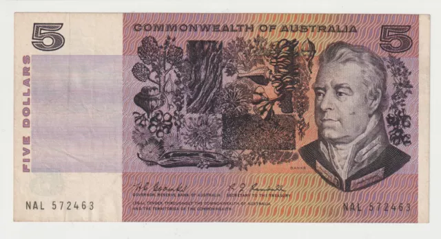 1967 Comm. of Australia $ 5 Banknote - Coombs/Randall - R202 - Fine - # 31715