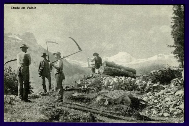 Frühe Postkarte - Arbeiter in der Pause - Etude en Valais - Schweiz