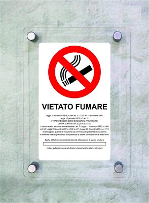 Cartello 'Vietato Fumare' In Plexiglass - Con Supporto Alluminio, 20x31 Cm, Stampa UV