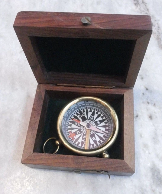 Antique Vintage Brass Compass With Wooden Box