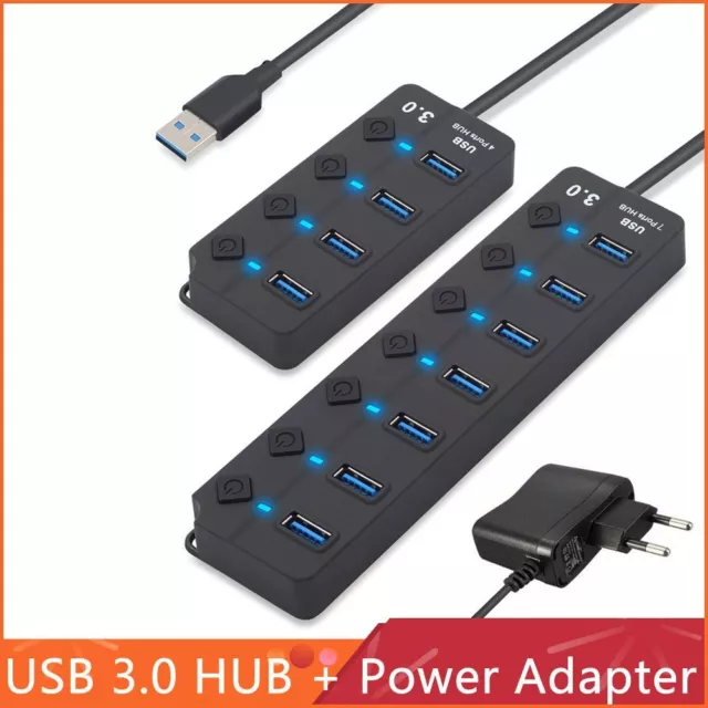 with Power Adapter USB 3.0 Hub 4/7 Ports Splitter On/Off Switch For Laptop PC