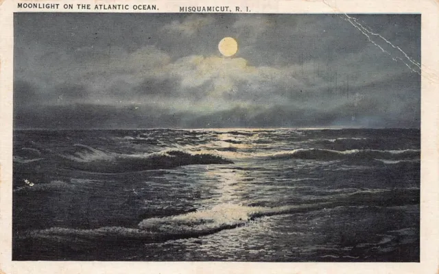 Misquamicut RI Rhode Island Moonlight Night View Ocean Beach Vtg Postcard R7