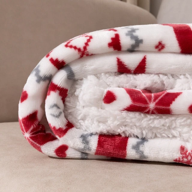 Double Couche Flanelle Sherpa Couverture Noël Jeté de Lit Épais pour Canapé