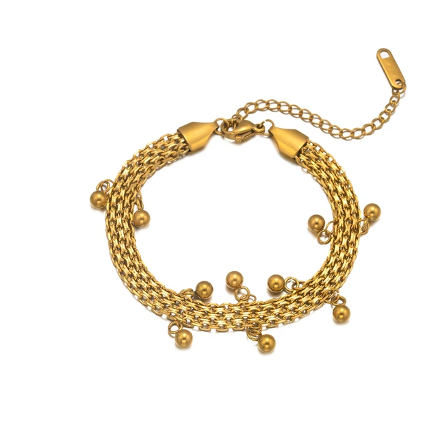 Genuine Women 18K Solid Gold Three Chains And Beads Bracelets With Certificates