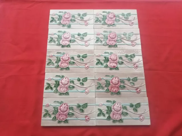10 Piece Lot Old Art Floral Design Embossed Majolica Ceramic Tiles Japan 0178 2