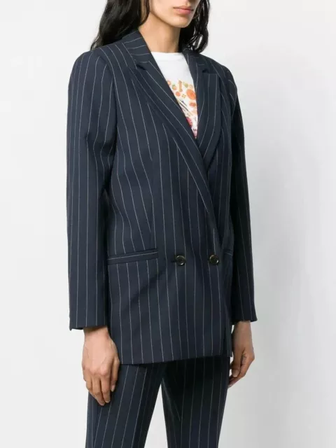 GANNI Women's Navy Blue Twill Oversized Pinstriped Double Breasted Long Blazer 4