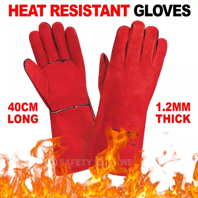 Wood Log Burner Gloves Fire Pit Welding Heat Resistant Leather Gauntlets Red XL