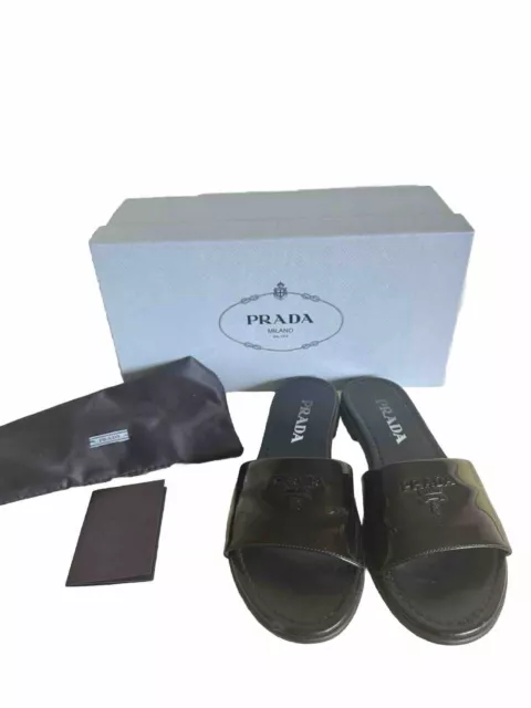 PRADA Black Patent Leather Flat Sandals 6/36.5