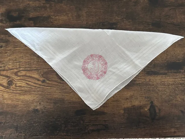 Vintage Monogram Embroidered “D” Handkerchief Hanky White Pink Square 12”