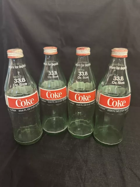 4 Coca Cola COKE 1 Liter 33.8oz Vintage Glass Bottle Coca Cola 1977  W/ Cap