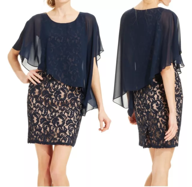 Adrianna Papell 015231570 Navy Blue Dress Lace w/Chiffon Capelet - MSRP $140