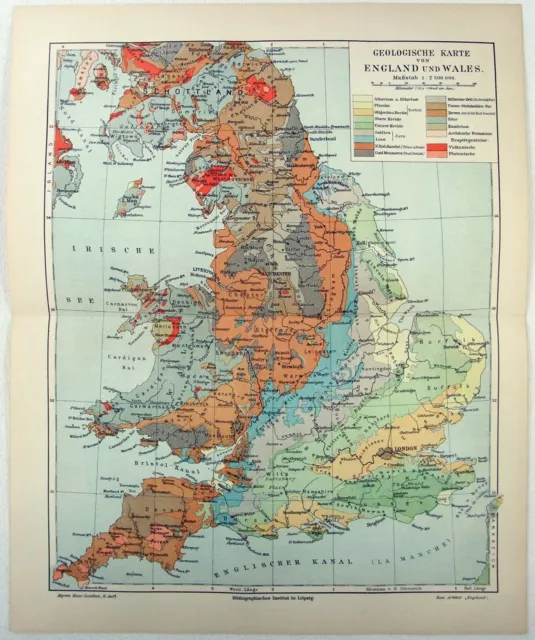 England & Wales - Original 1905 Geological Map by Meyers Geologische Karte