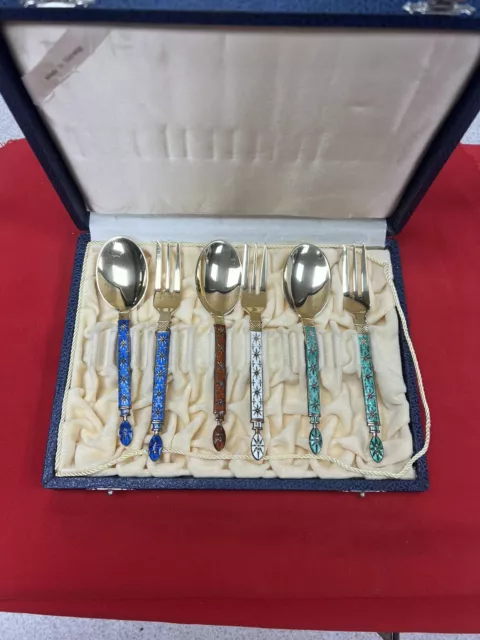 Enameled Sterling Silver Demitasse Spoons & Fork Set From Norway