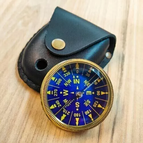 Vintage Antique Brass Compass 2 Inch Pocket Gift Maritime With Leather Case