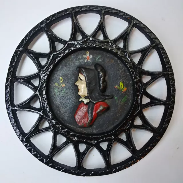 Vtg Cast Iron Hand Painted Woman Trivet Amish Red Victorian Floral Flowers 293