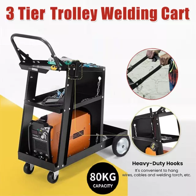 Heavy Duty 3-Tier Welding Cart Trolley with Handle and Chains for Welder Machine
