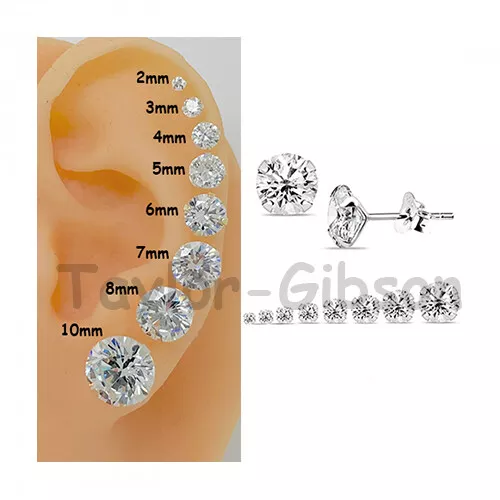 925 Sterling Silver Stud Earrings Round Tiny Small Large Cubic Zirconia Set Pack