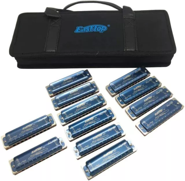 EASTTOP 10hole Harmonica Set T008K-12 Set Mouth Organ in One Case Blue Covers