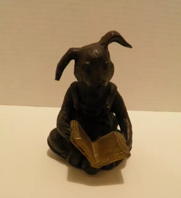 Vintage Cast Iron Black Rabbit Reading Book Bookend Paperweight Shelf Decor EUC