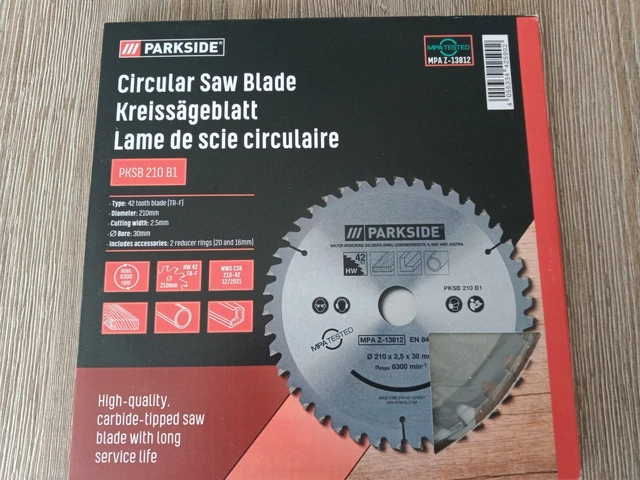 Lame De Scie Circulaire Parkside 210mm, Alésage 30mm Avec Bagues 20 Et 16mm - Neuf, Pour Bois Dur
